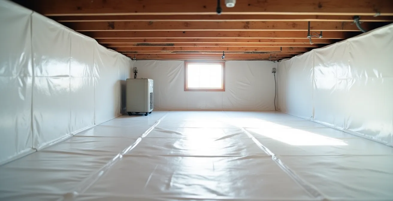 Vue d'ensemble d'un vide sanitaire avec membrane polyéthylène et système de gestion d'humidité