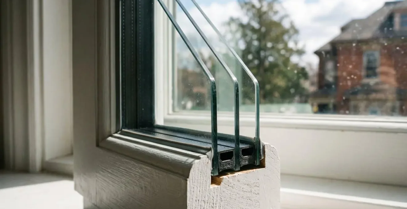 Détail en coupe d'une fenêtre triple vitrage avec intercalaire chaud, illustration technique dans un contexte résidentiel québécois