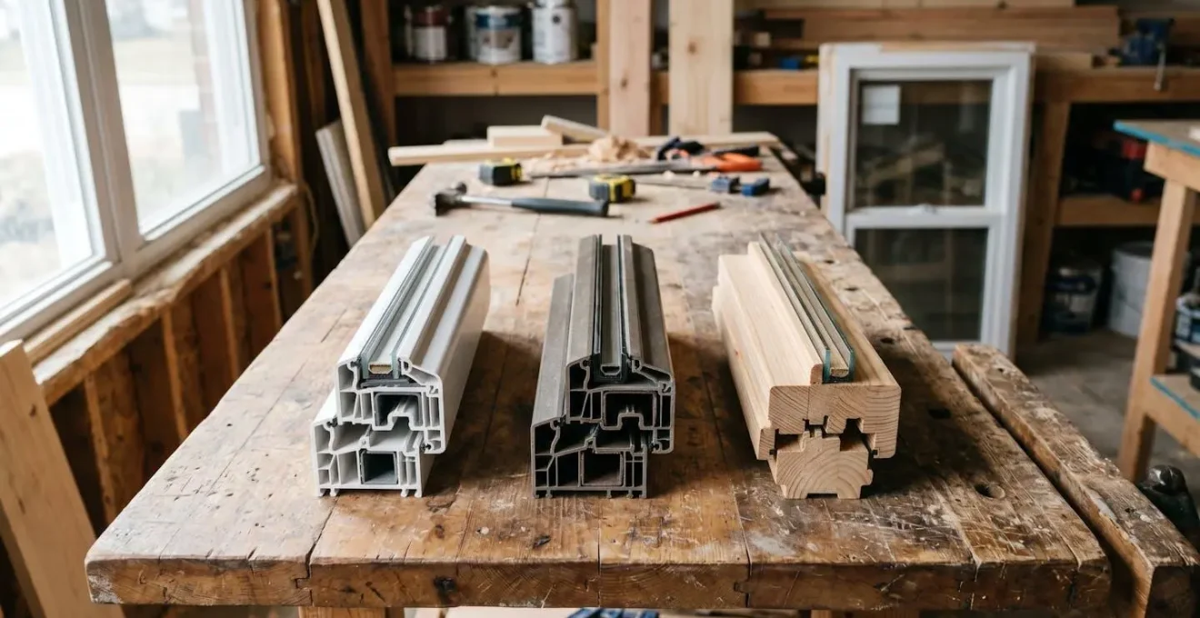 Comparaison côte à côte de cadres de fenêtres en vinyle blanc, fibre de verre et bois naturel sur un établi dans un atelier de rénovation résidentielle