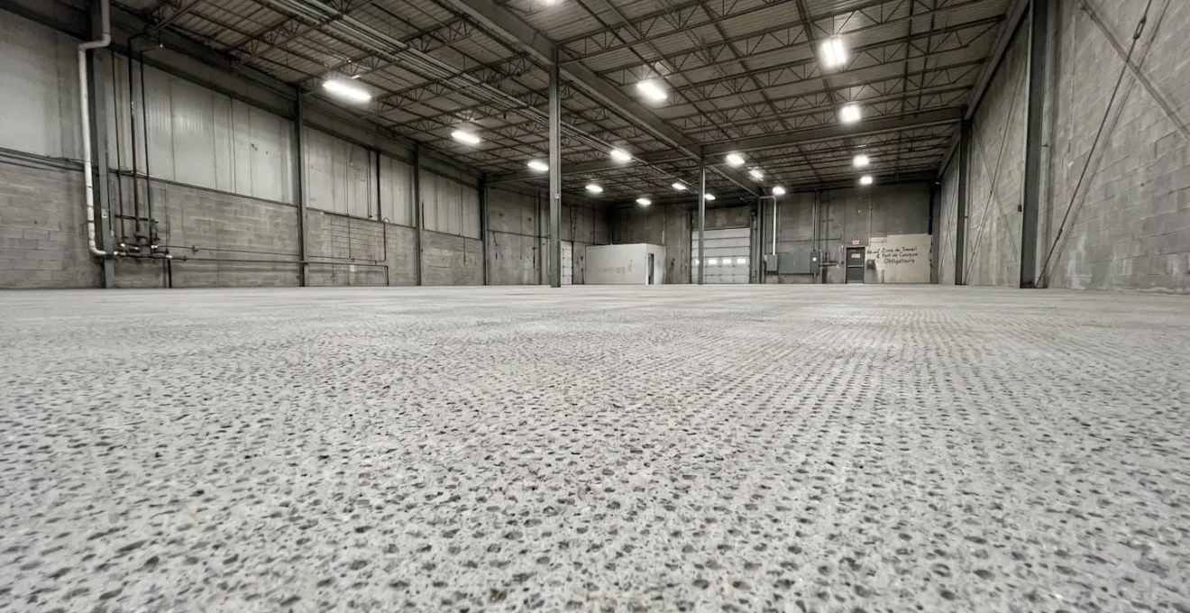 Plancher industriel d'entrepôt montrant surface de béton préparée mécaniquement avec texture d'agrégats exposés et rugosité visible sous éclairage naturel
