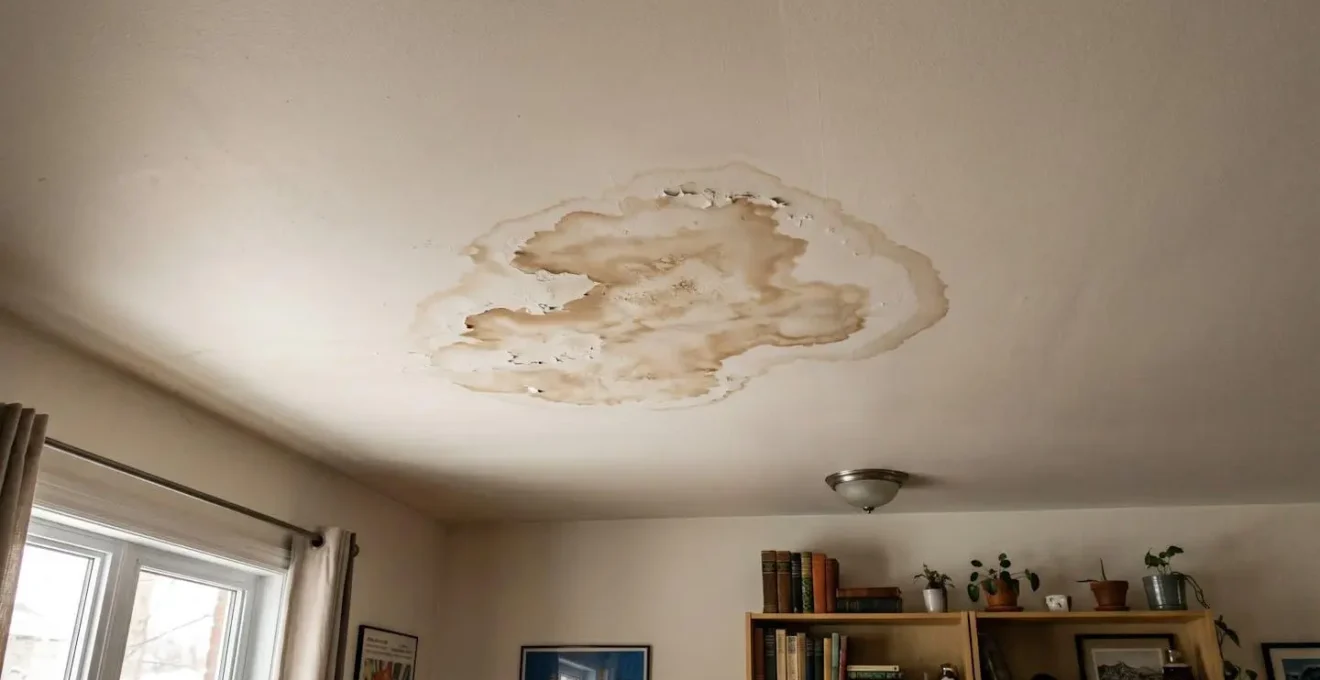 Tache brune d'infiltration d'eau visible au plafond intérieur d'une résidence avec auréole humide et détérioration de la peinture