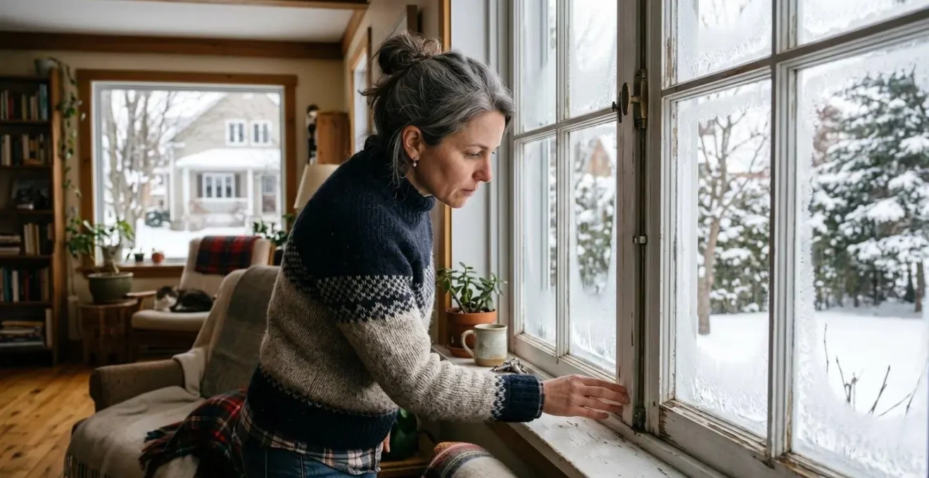 Propriétaire québécois examinant l'encadrement d'une fenêtre dans une maison familiale en hiver