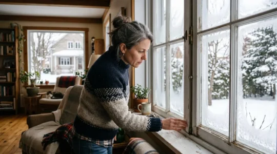 Propriétaire québécois examinant l'encadrement d'une fenêtre dans une maison familiale en hiver