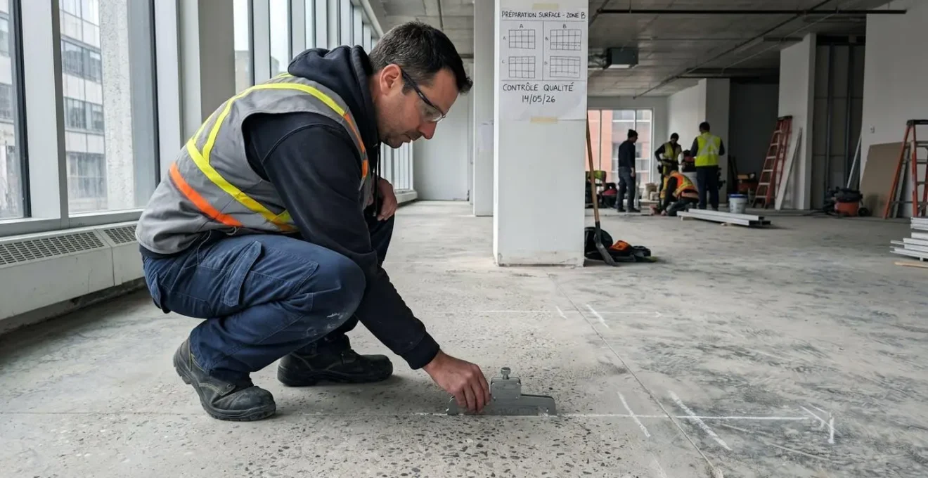 Technicien en construction accroupi de profil examinant la texture rugueuse d'une surface de béton préparée avec jauge de profil dans espace commercial montréalais moderne