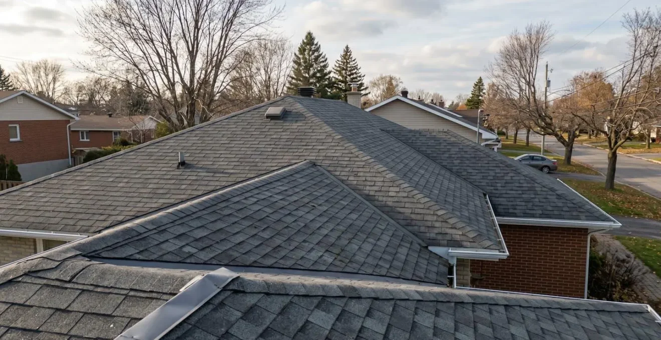 Vue extérieure d'une toiture résidentielle en bardeaux d'asphalte de style bungalow québécois typique avec plusieurs versants visibles et usure naturelle