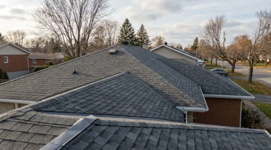 Vue extérieure d'une toiture résidentielle en bardeaux d'asphalte de style bungalow québécois typique avec plusieurs versants visibles et usure naturelle