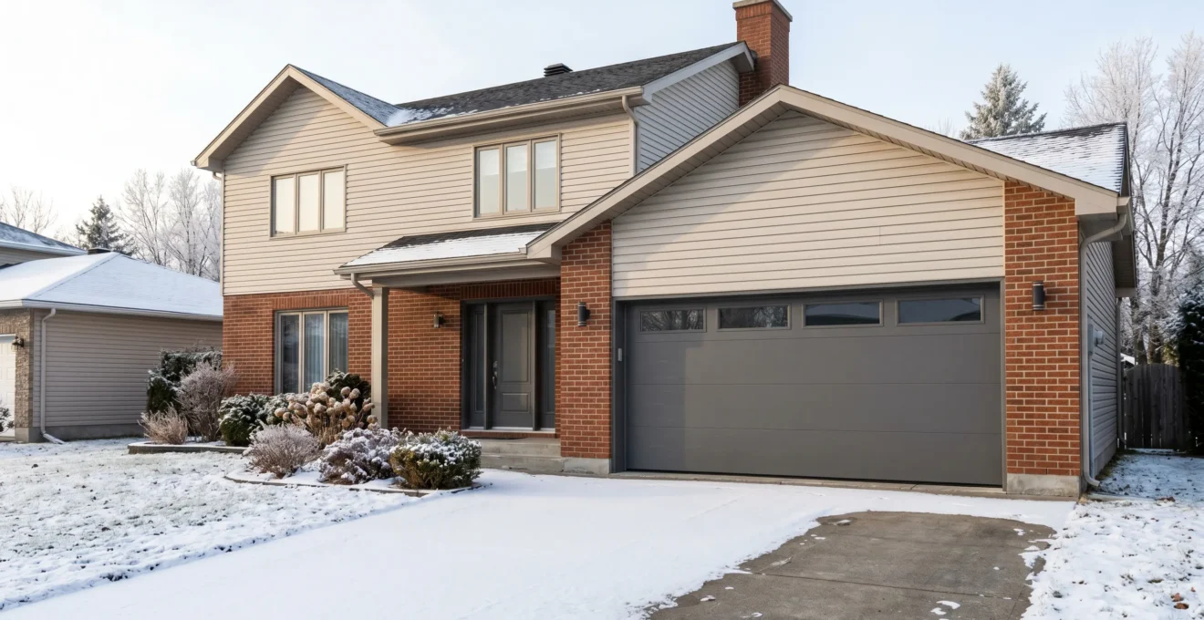 Maison unifamiliale québécoise avec porte de garage sectionnelle moderne installée, façade en brique et revêtement vinyle, neige au sol, lumière matinale hivernale