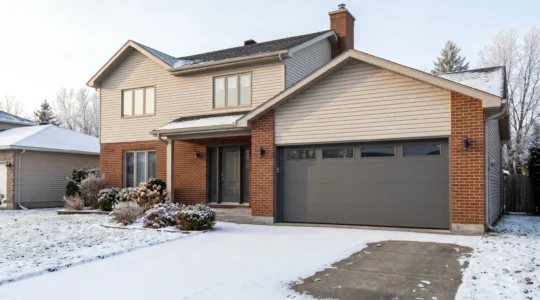 Maison unifamiliale québécoise avec porte de garage sectionnelle moderne installée, façade en brique et revêtement vinyle, neige au sol, lumière matinale hivernale