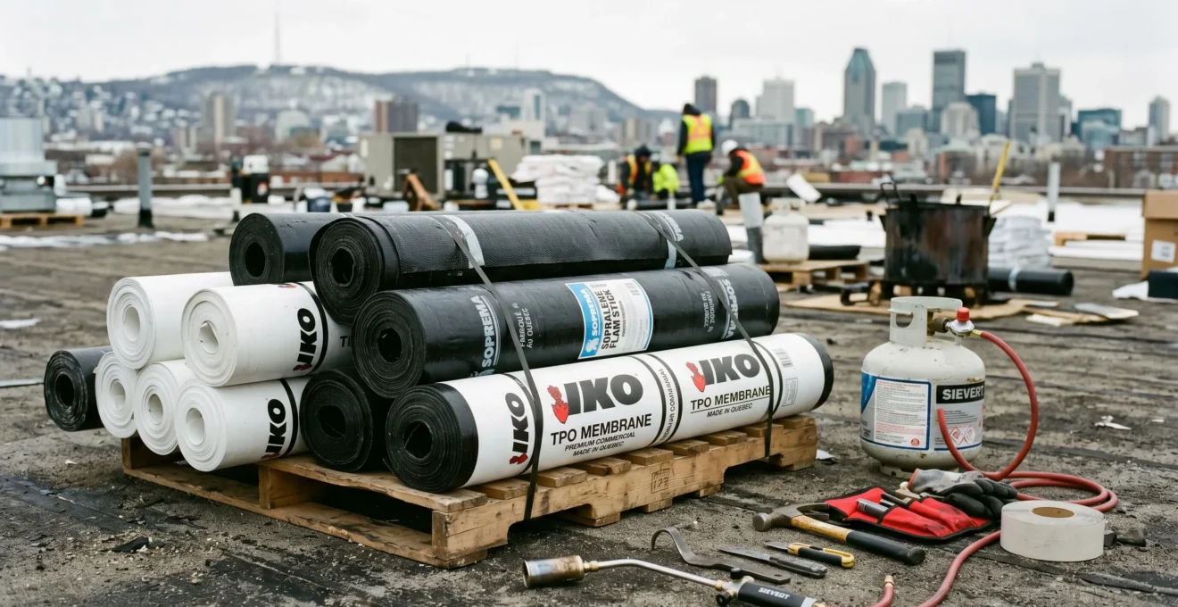 Rouleaux de membrane élastomère noire et TPO blanche empilés sur chantier montréalais avec outils de couvreur au premier plan