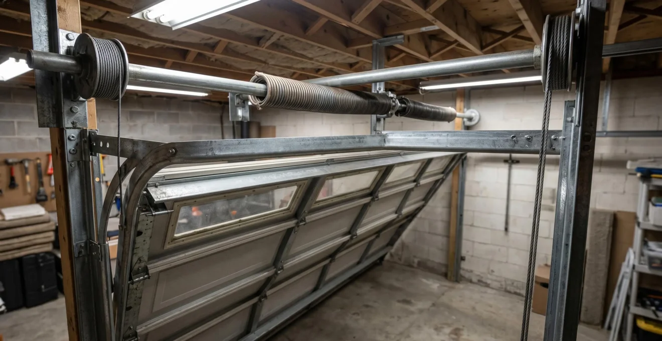 Vue intérieure garage montrant mécanisme ressorts torsion et câbles levage porte sectionnelle, axe horizontal et rails visibles