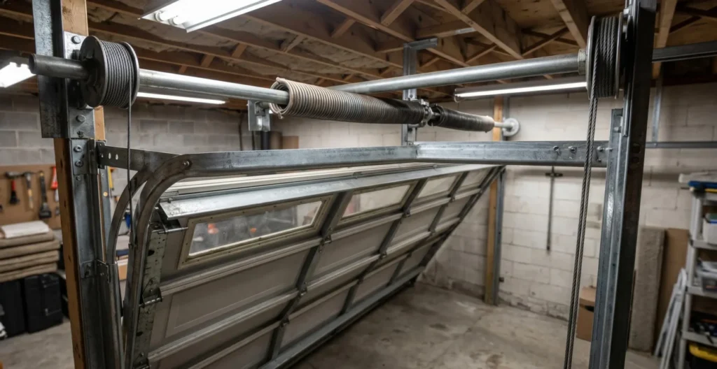 Vue intérieure garage montrant mécanisme ressorts torsion et câbles levage porte sectionnelle, axe horizontal et rails visibles Vue intérieure garage montrant mécanisme ressorts torsion et câbles levage porte sectionnelle, axe horizontal et rails visibles